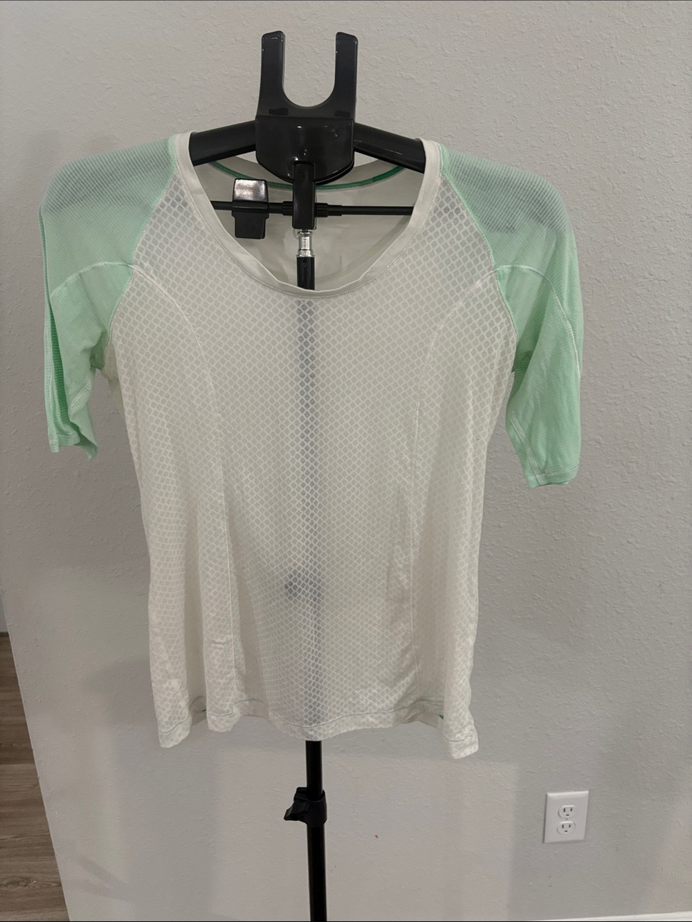 lululemon athletica White Mesh Tee with Mint Green Raglan Sleeves